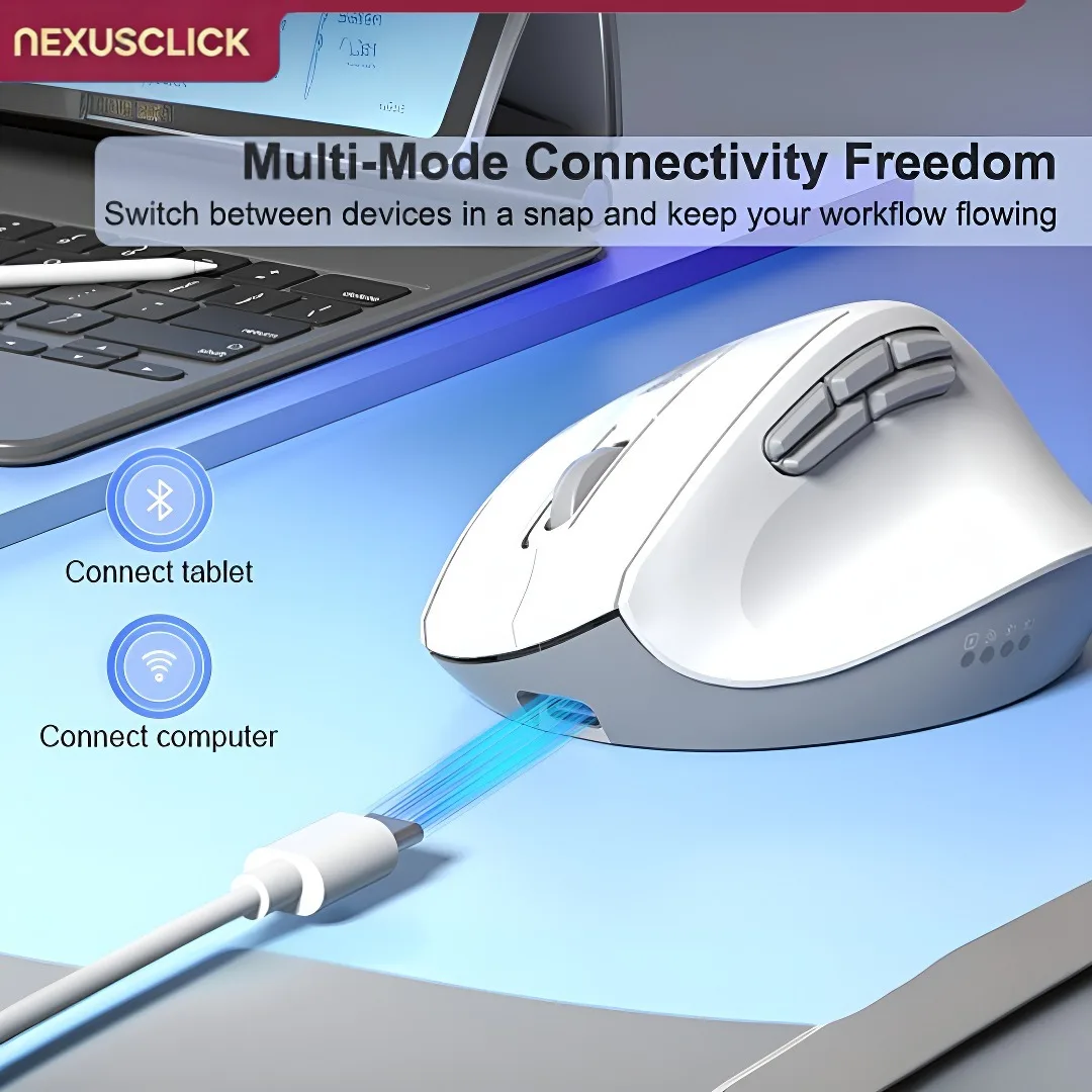 NexusClick Vertical Ergonomic Multi-Device Wireless Mouse,Silent Click Rechargeable Adjustable DPI Portable Office Computer Mice