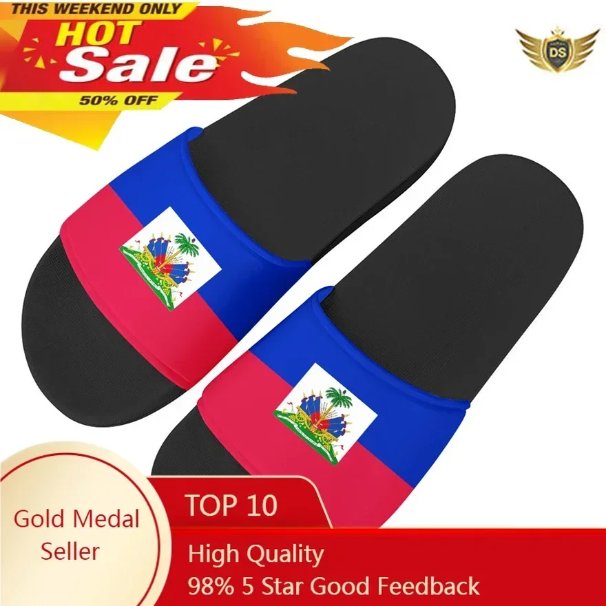 Haiti Flags Pattern Women Slippers Couple Home Sandals Women Indoor Slip On Shoes House Floor Non-slip Slides Black