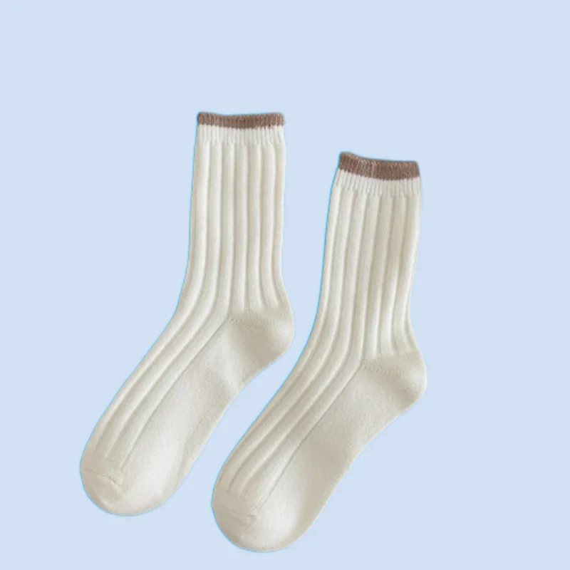 

3/6 Pairs New Wool Socks Thick Warm Japanese Vertical Striped Stacked Socks Solid Color Women's Autumn and Winter Middle Socks