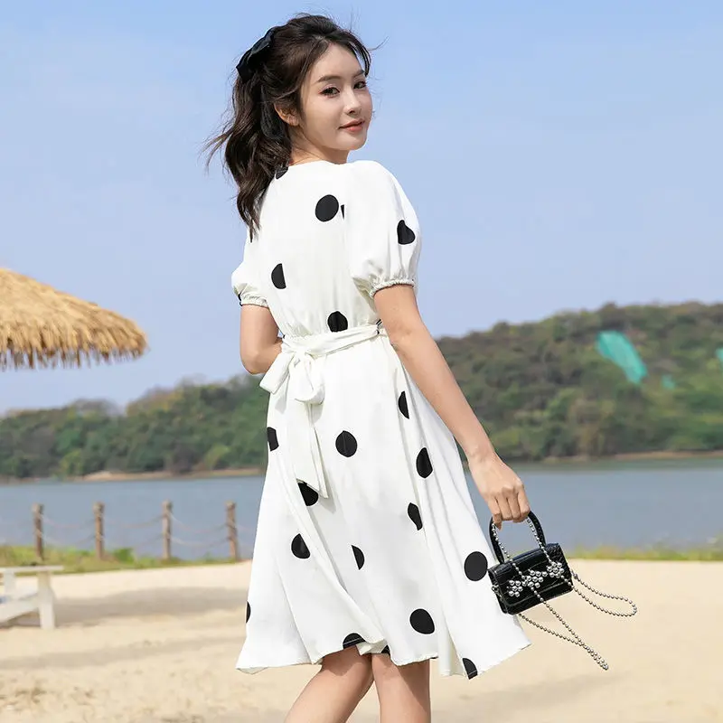 Mom and Daughter Matching Dresses 2023 Summer New Women Kids Girl Chiffon Dot Dress Fashion Sea Holiday Family Matching Clothes