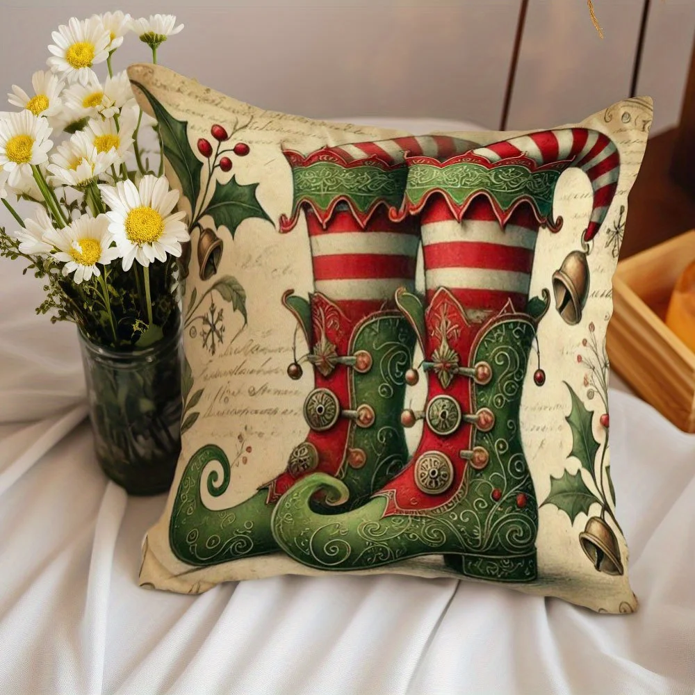 1pc Festive Christmas Boot Design Throw Pillow Cover 18x18inch, Double-Sided Short Plush Polyester with Zipper Closure