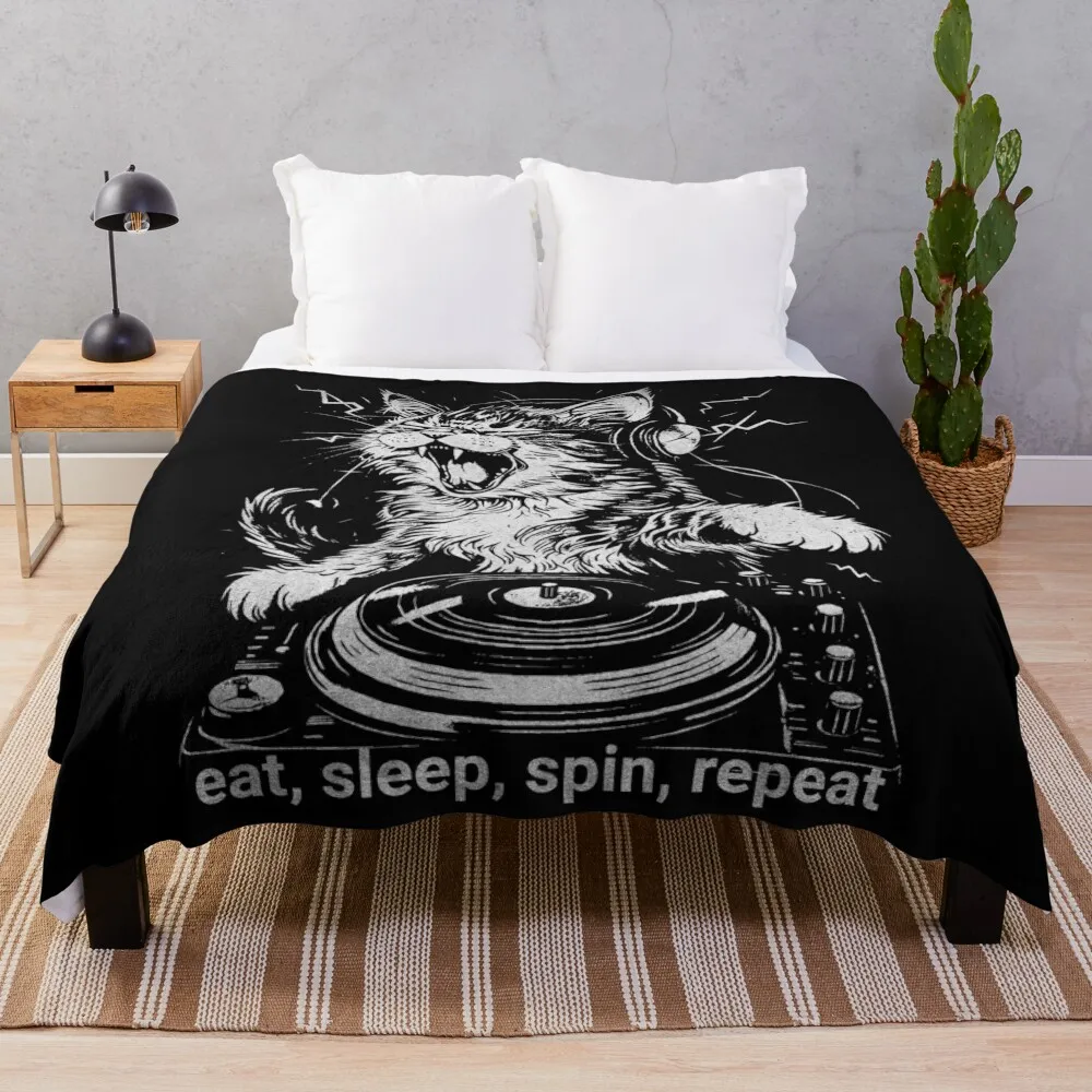 

Awesome Cat Funny DJ Cat Beat Blender Throw Blanket Kid'S Comforter Bed covers Flannels Blankets