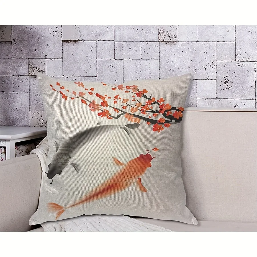 1pc Ink‑Style Koi Fish And Plum Blossom Double‑Sided Print Pillow Cover, Cushion Case for Sofa Bedroom, Insert Not Included