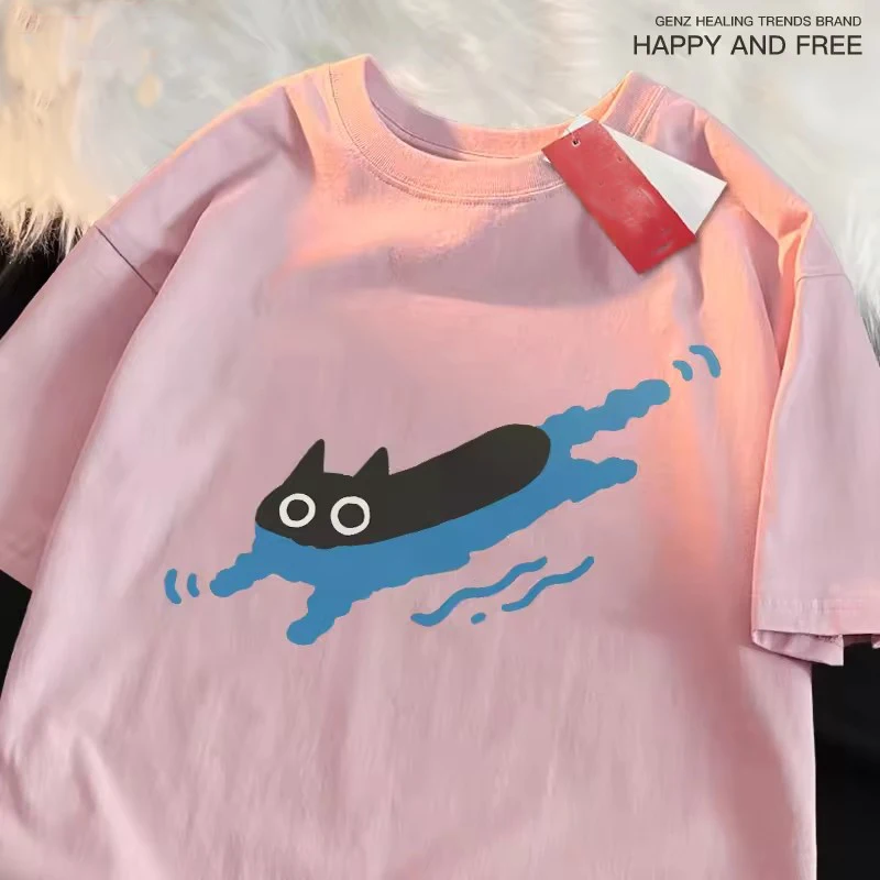 Couple Tees Swimming Black Cat Diving Shoulder Short Sleeved T-shirt For Men Women Breathable Casual Pure Cotton Loose Tops image 3
