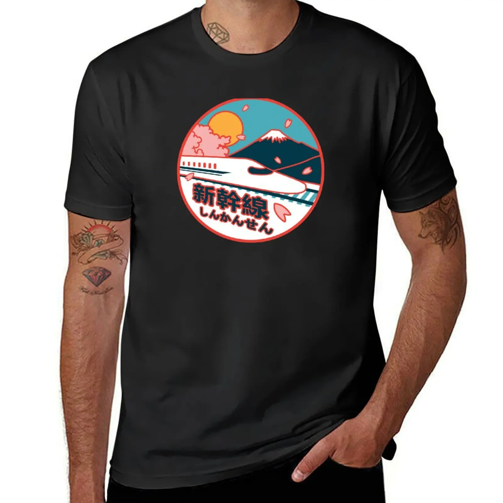 

Japan Shinkansen Bullet Train Mt. Fuji and Sakura Cherry Tree Icon T-Shirt vintage oversizeds summer top t shirt men