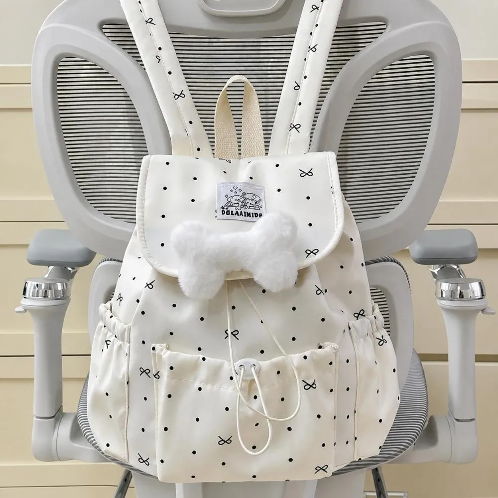 Sweet Drawstring Polka Dot Backpack Bowknot Large Capacity Double Shoulder Bag Ultra Light Nylon Commuting Backpack Casual Use