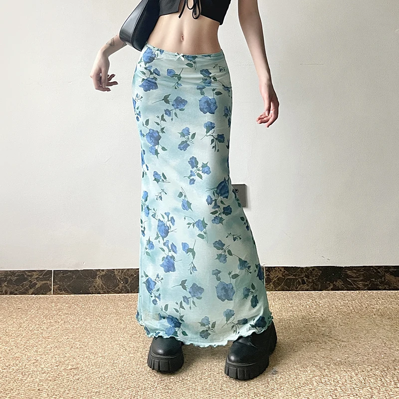 

CIBBAR Fairycore y2k Floral Print Long Skirt Summer Mesh Patchwork Low Rise Straight Skirts Women Vintage 2000s Clothing Casual