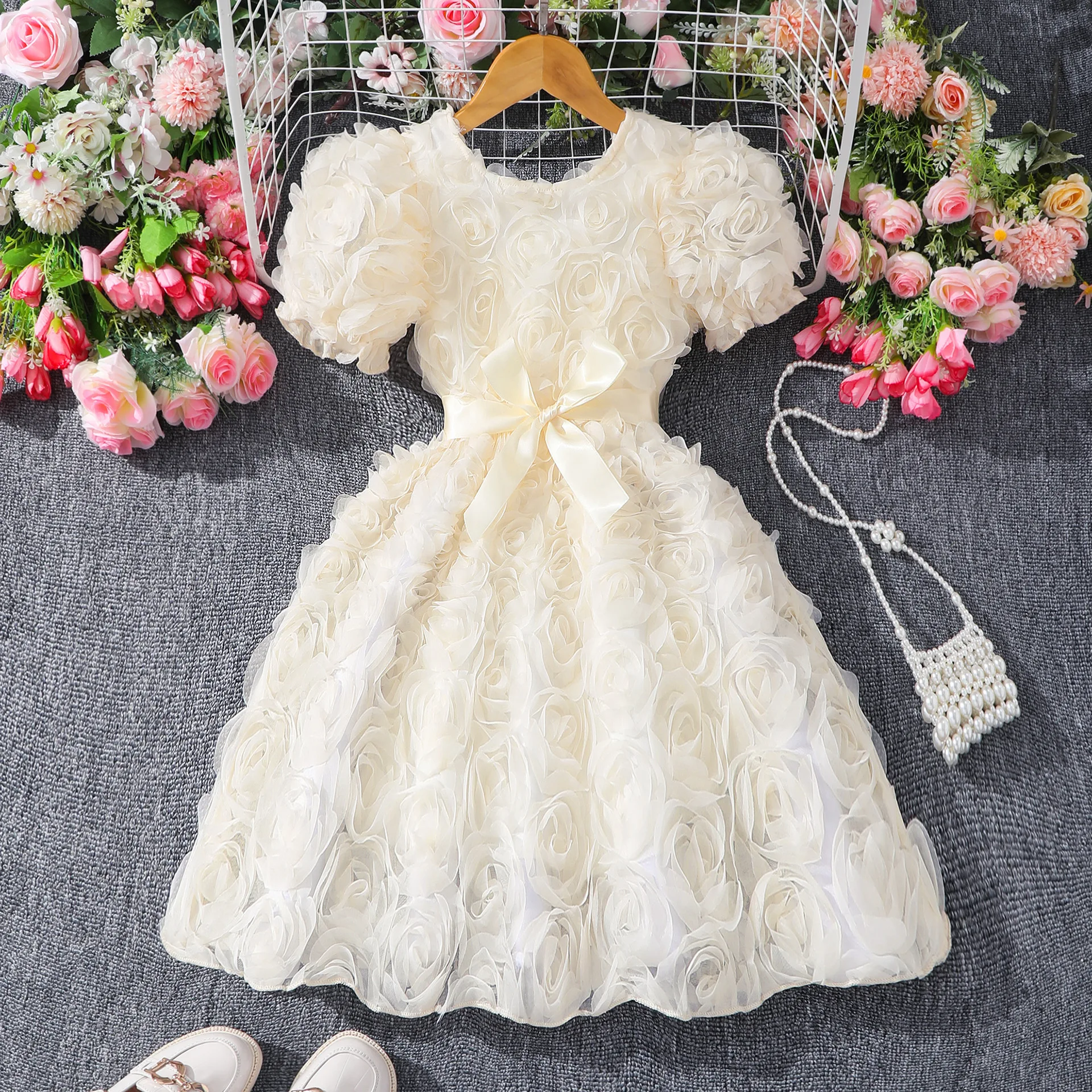 Flower Formal Girl Dress Princess 3D Rose Embellished Ball Gown Tutu Tulle Party Wedding Mesh Puff Dresses Floral with Bow Belt
