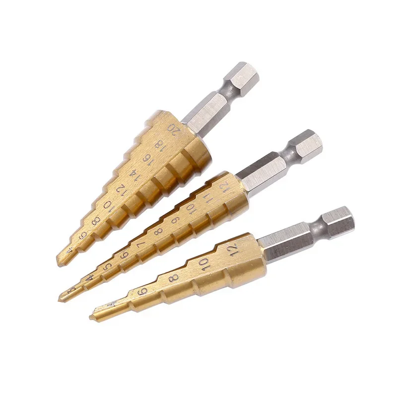 Step Drill Bit 3-12mm 4-12mm 4-20mm HSS Straight Groove Step Drill Bit Titanium Coated Wood Metal Hole Cutter Core Drilling Tool