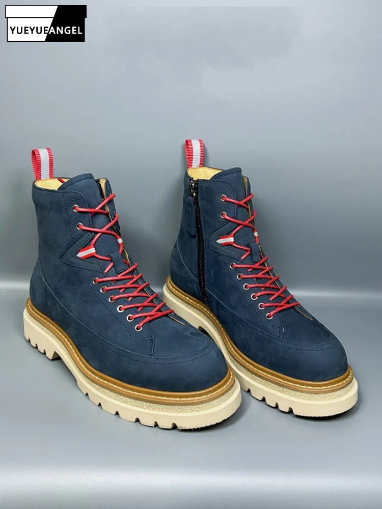 Botas de trabajo vintage para hombre, cálidas para invierno, con forro polar, de caña alta, de cuero de vaca auténtico, botines de plataforma gruesa con cordones, estilo motero.