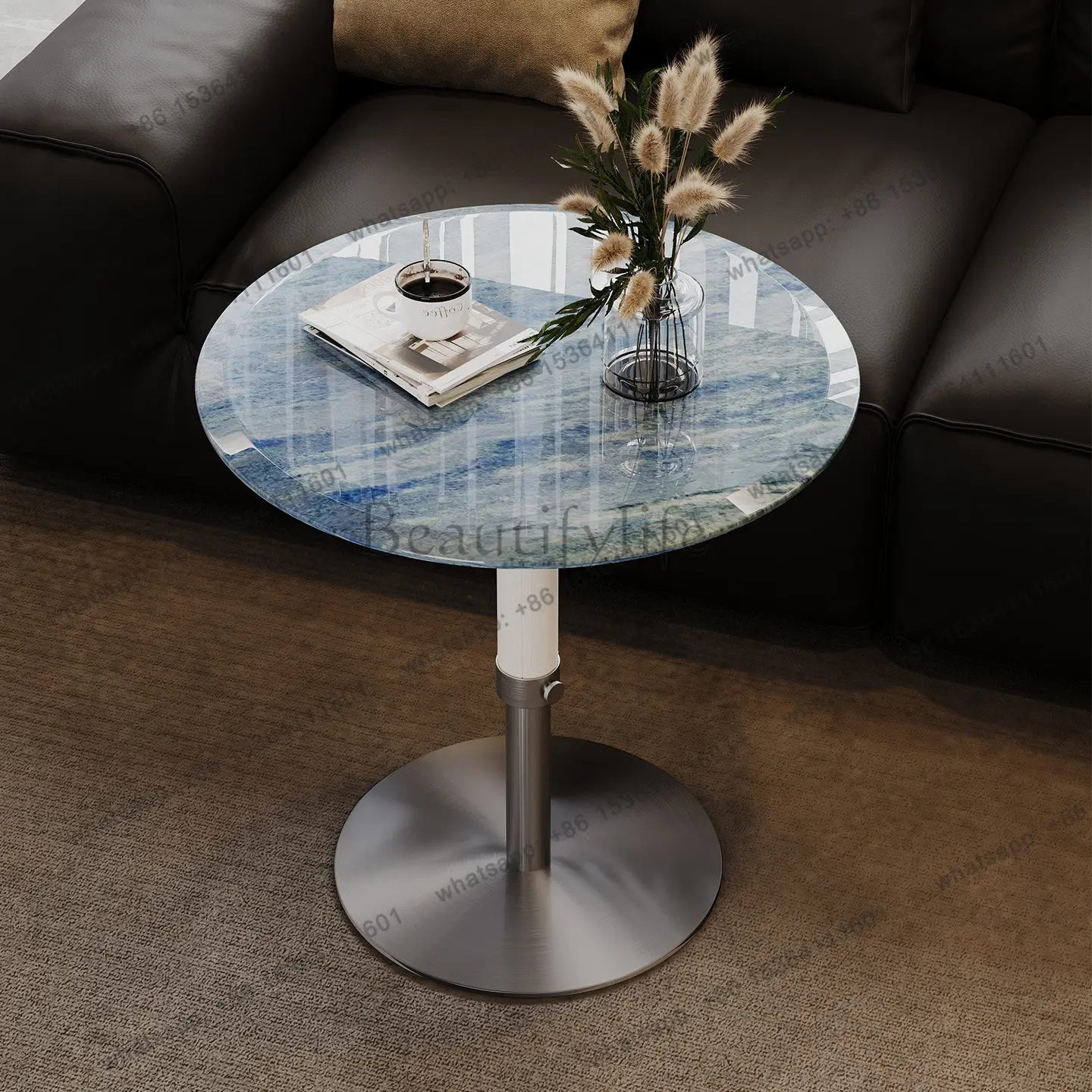 Natural marble blue crystal luxury stone rotatable lifting coffee table retro simple sofa edge table