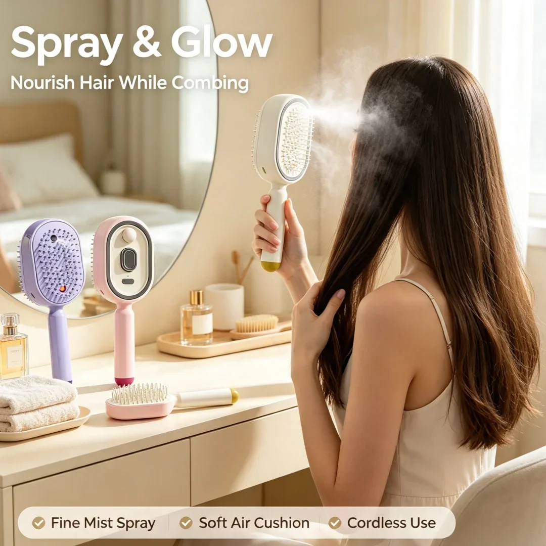 Electric Scalp Massager Comb with Spray Air Cushion Self Cleaning Essential Oil Hair Care Multifunctional Gift for Women