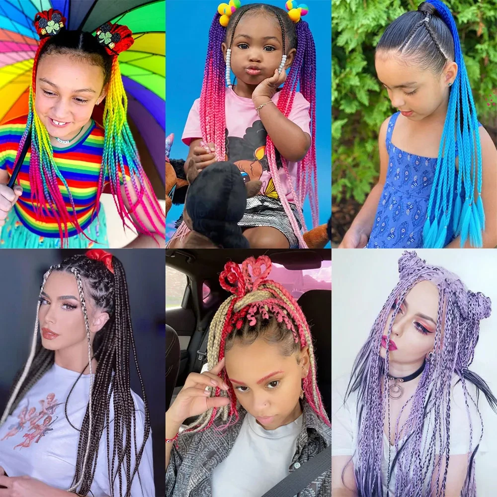 Synthetic Rainbow Color Braided Ponytail For Girls Hair Elastic Rubber Band 22inch Kids Box Pigtail Pony Tail Hair Extensions