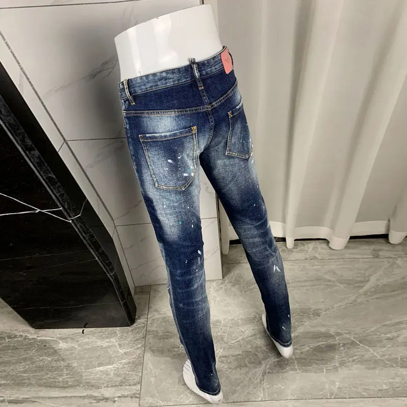 الشارع مصمم الأزياء الرجال الجينز الرجعية الأزرق تمتد سليم صالح رسمت ممزق الجينز الرجال Y2K العلامة التجارية خمر الدنيم السراويل Hombre #4