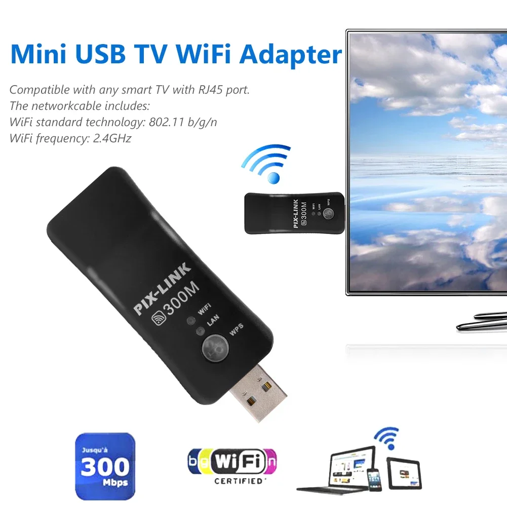 USB 300Mbps Universal WiFi Wireless Receiver for Samsung for LG Sony Smart TV Adapter 2.4Ghz Network Card RJ45 WPS Repeater