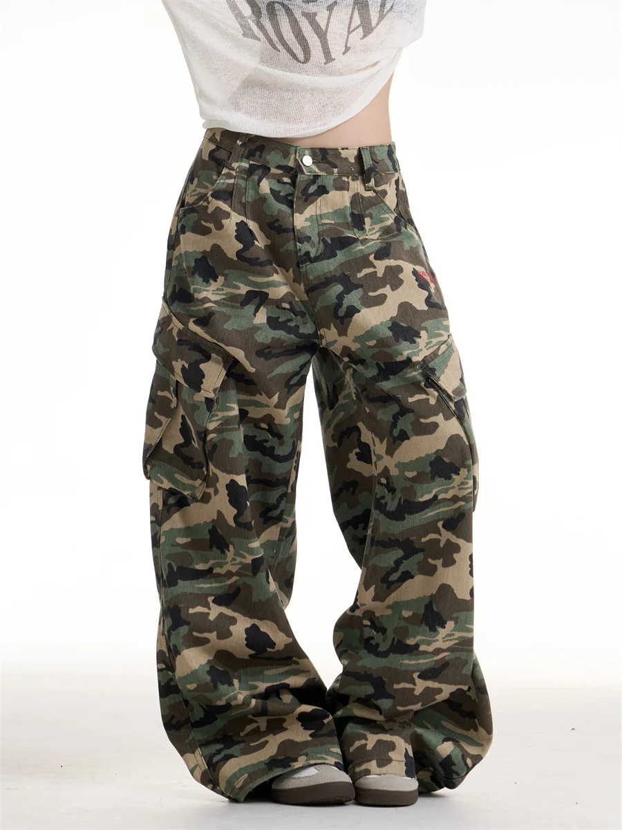 

Retro American Camouflage Embroidered Work Pants Men's Loose Wide Leg Trousers for Couples Street Sle Casual Pants