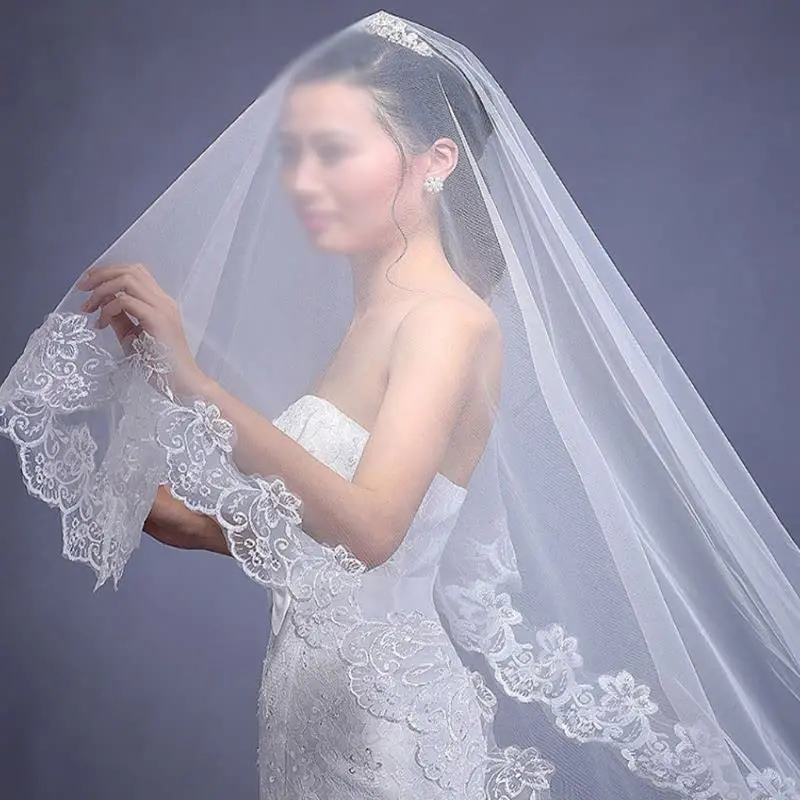 Women White Wedding Veil 3M Long Embroidered Floral Lace Scalloped Edge Bridal Cathedral 1 Layer Party