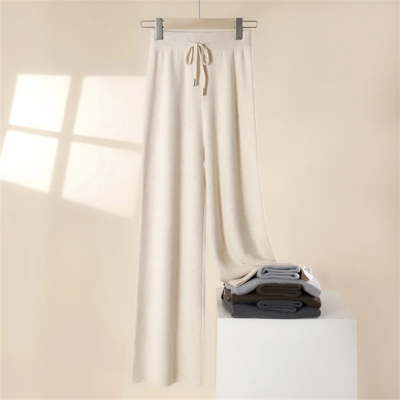Autumn Winter 2025 New Fashion High Quality Wool Loose Knit Wide Leg Drop Straight Trousers Cashmere Woolen Elastic waist pants