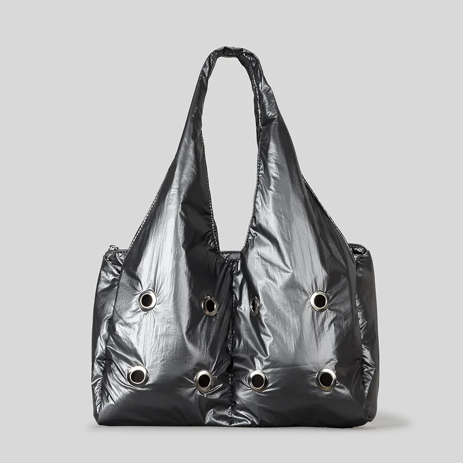 

Fashion Hollow Rivet Padded Women Shoulder Bags Hobos Soft Nylon Puffer Bag Silver Large Capacity Handbags Casual Shopper Purses