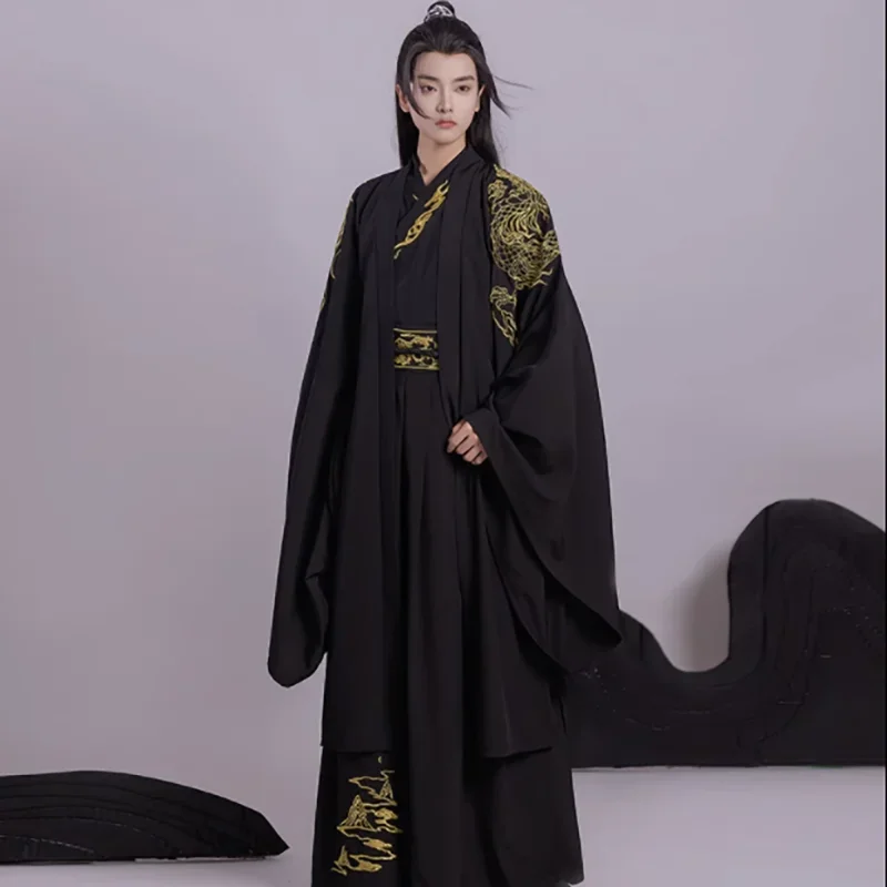 Hanfu Men Chinese Traditional Cosplay Costume Ancient Hanfu Sets Male Halloween Cos Costume Hanfu Black 3pcs Sets Plus Size 2XL