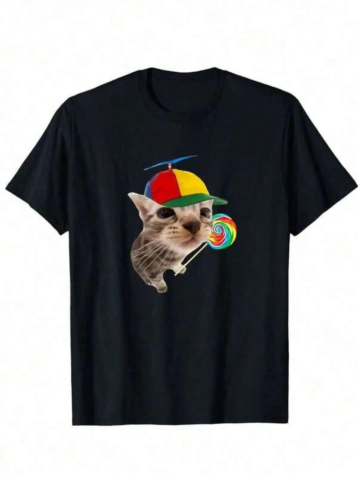 T Shirt Print ,Graphic-Cotton Tees Size Plus,Silly Cat With Lollipop Meme T-Shirt, Unisex Graphic T Shirts, Cotton,With Shirt,Summer Tops,Shirt Suitable