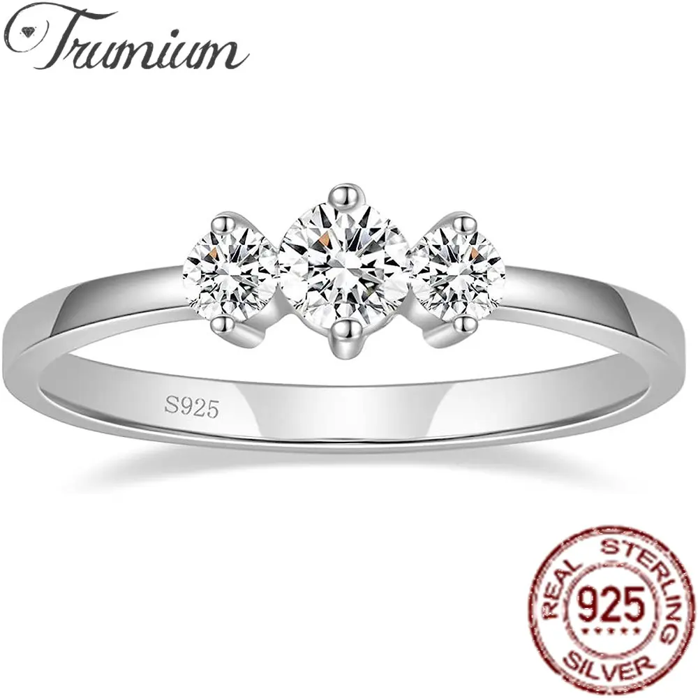 

Trumium Real 925 Sterling Silver Stackable Rings For Women Sparkling AAAAA Zircon 3pcs Stone Wedding Statement Bride Jewelry