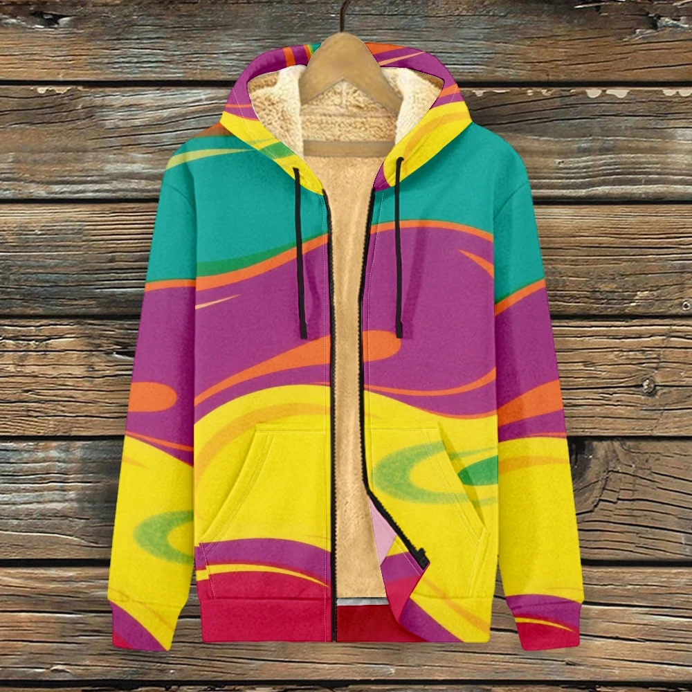 

Толстая флисовая толстовка унисекс с красочным геометрическим принтом и капюшоном на молнии, теплая зимняя спортивная одежда для командной группы, повседневная одежда