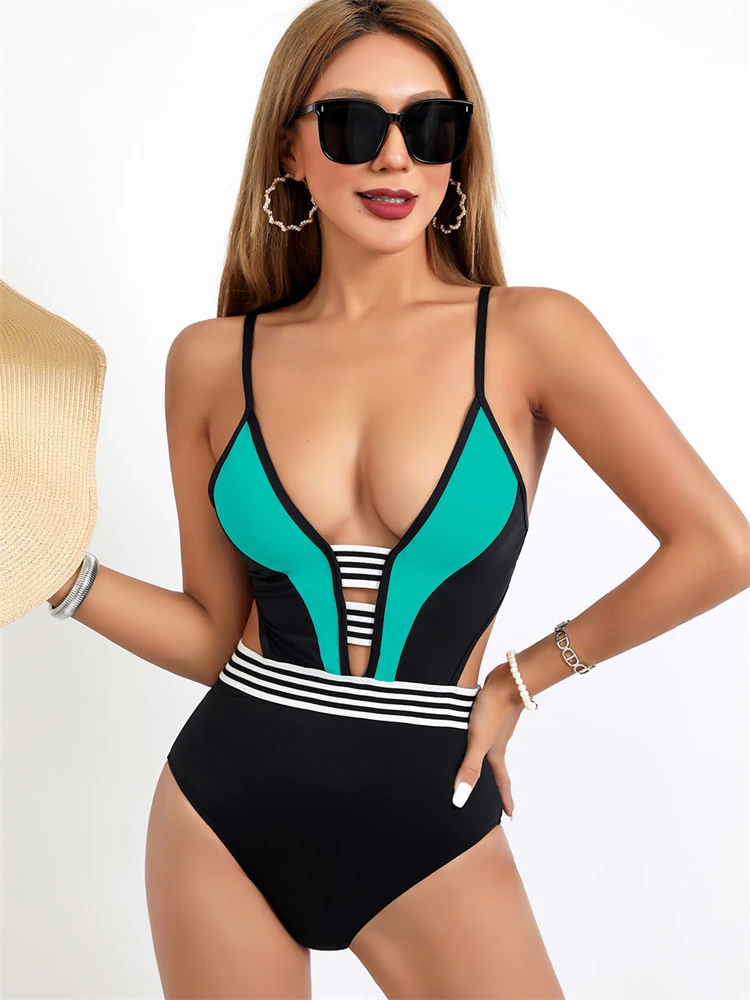 

One Piece Swimsuit Women 2024 New Solid V Neck Sling Bodysuit Swimwear Sexy Monokini Summer Backless Beach Bathing Suit Female