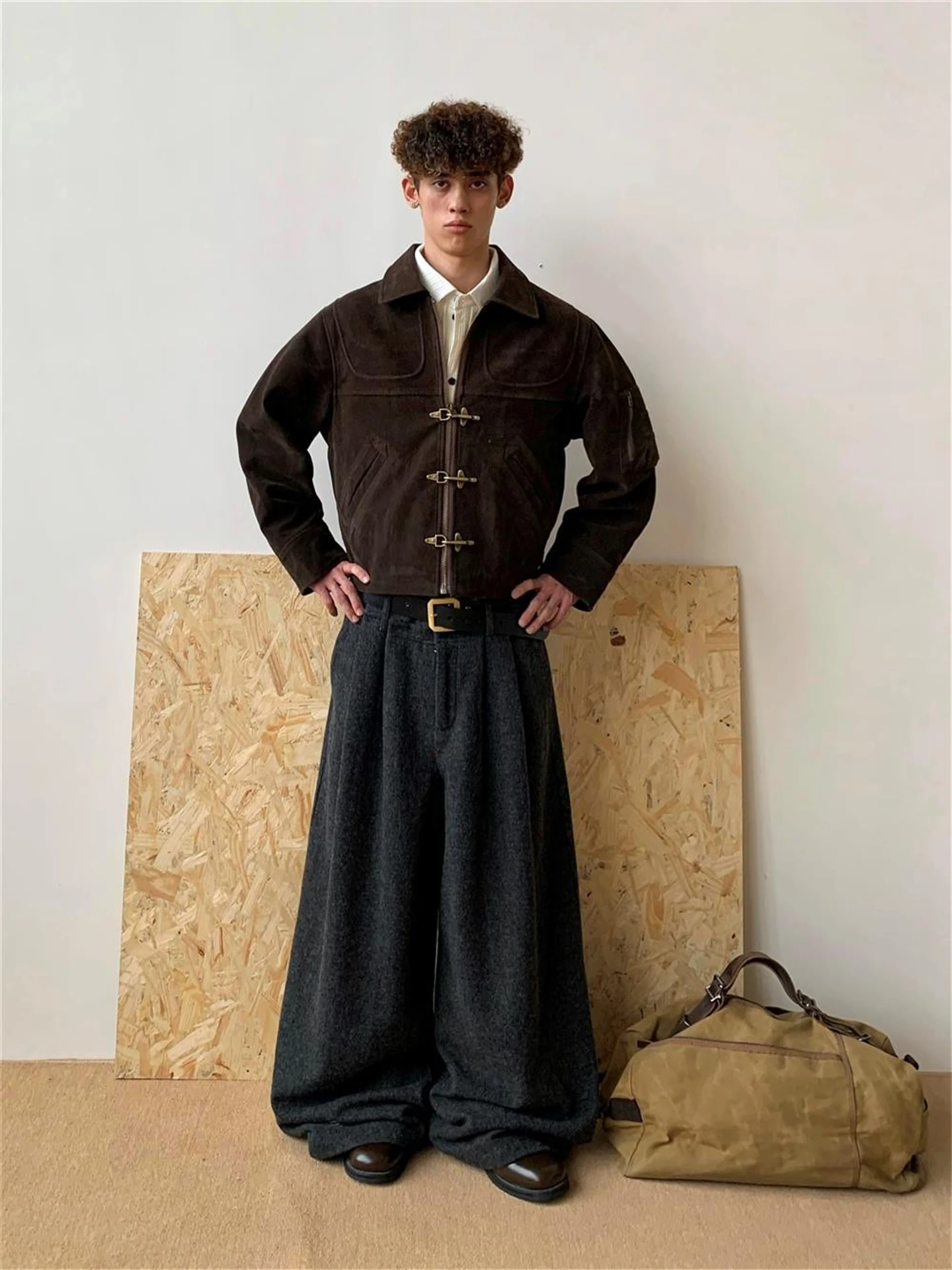 Brown Suede Jacket Men's Short Style Autumn Fashion American Retro Deconstructed Aircraft Buckle Workwear Outerwear