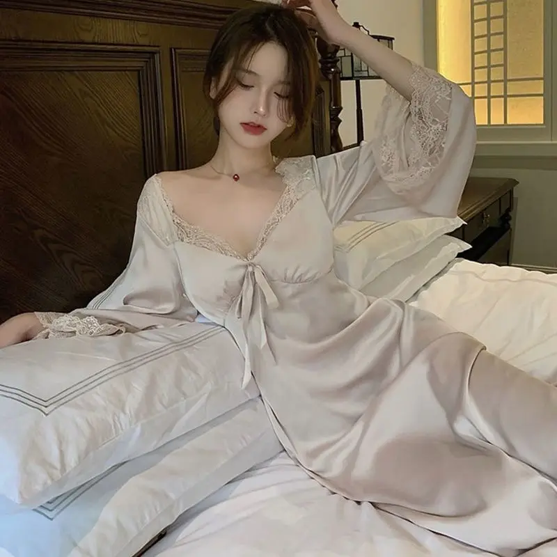 New Female Long Nightgown Sexy V-Neck Lace Trim Sleepwear Nightdress Palace Style Princess Nightwear Loose Silk Satin Home Dress