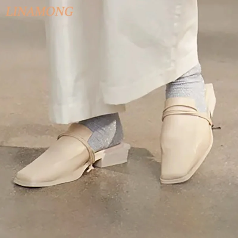 Backless Slip On Mule Flats Leather Square Toe Slim Wrap Ankle Band Tiny Side Knot Flat Heel Soft Daily Office Street Footwear