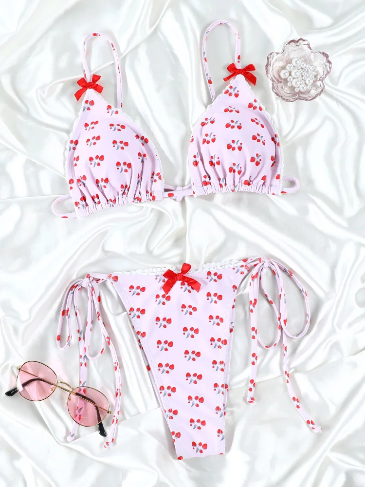 Sexy Cherry Bikinis Set Bow Swimsuit Print Swimwear Triangle Female Summer Wear Bikinis Set Beachwear Micro Thong Biquin