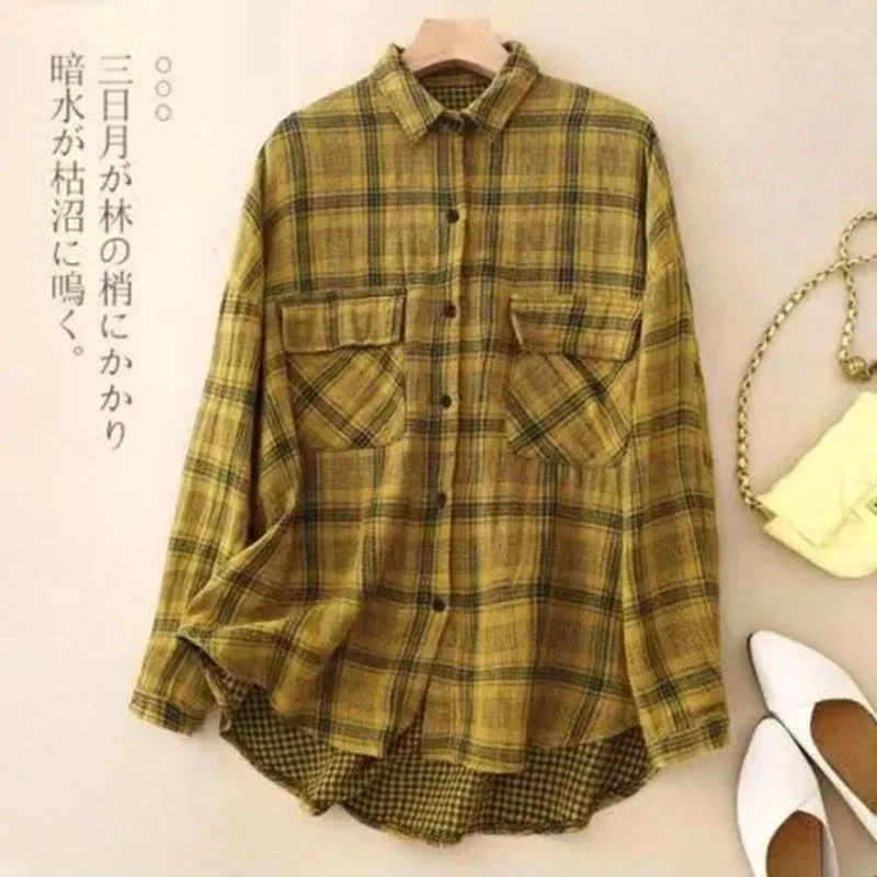 Dames nieuwe lente zomer katoen linnen geruite revers shirt met lange mouwen los en veelzijdig casual single-breasted shirt zak shir