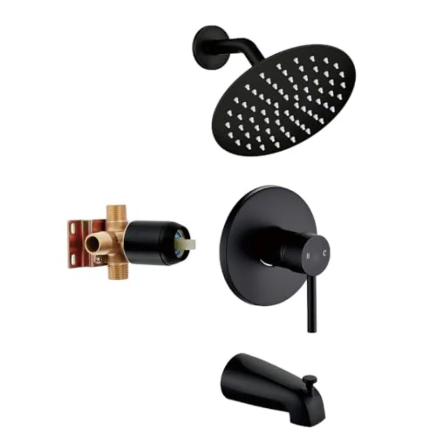 

Black tub shower faucet set for bathroom use, matte black finish, brass construction, includes 6-inch rainfall shower head and