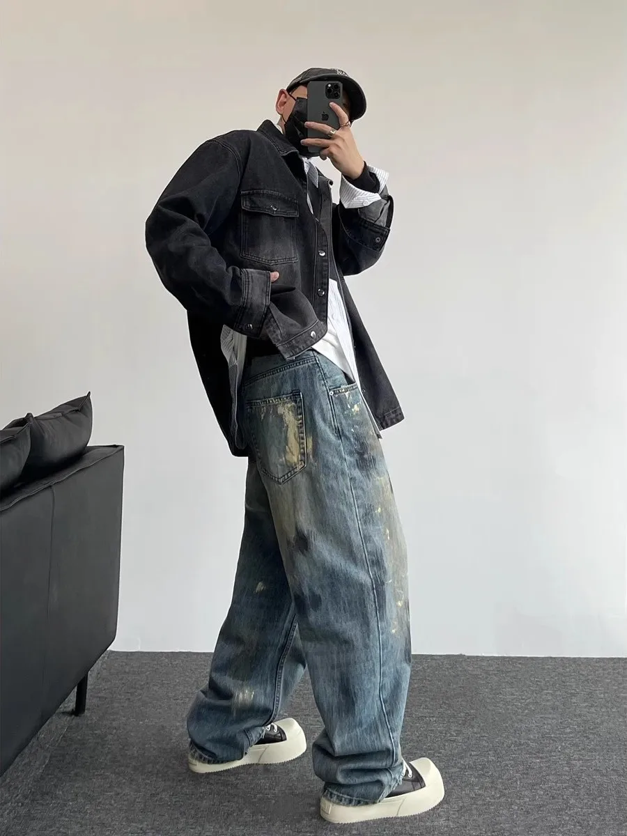 

Тяжелые мужские джинсы Waed Blue Splaed Ink, уличная одежда в американском стиле ретро, свободные повседневные универсальные широкие длинные брюки