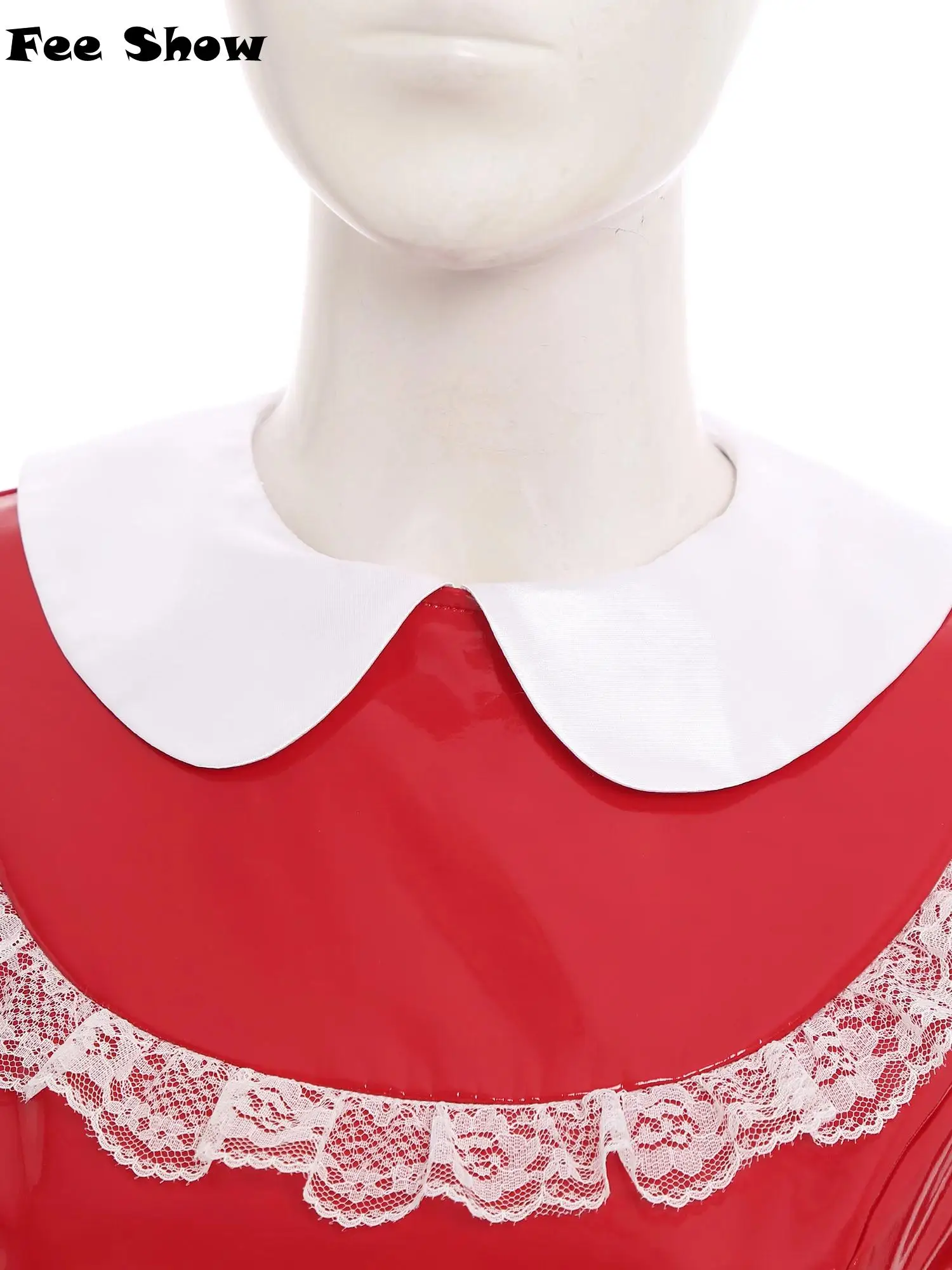 

Womens French Maid Cosplay Dress with Apron Satin Lapel Collar Lace Trim Short Sleeve Wet Look PU Maxi Dress for Halloween