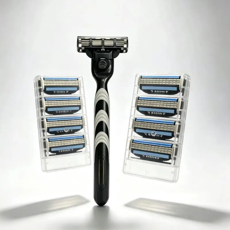 Mens Manual Shaving Razor With Non Slip Handle Sharp Smooth Blades Extra Refills For Daily Grooming Home Travel Use