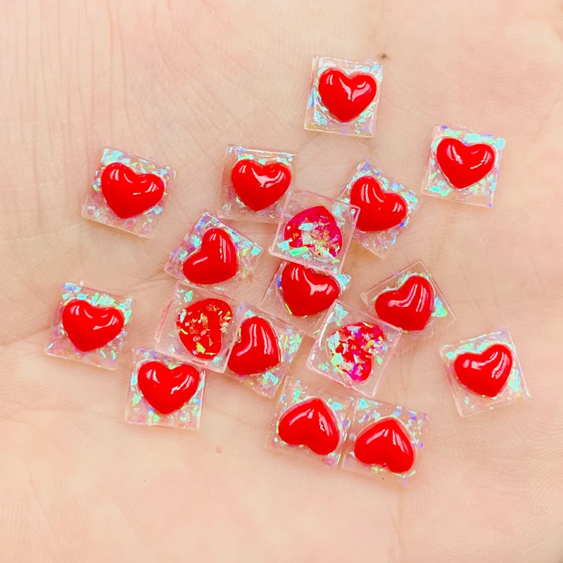 50 Pcs New Cute Mini Cartoon Red Heart Resin Figurine Crafts Flatback Cabochon Ornament Manicure Making Hairwear Accessories