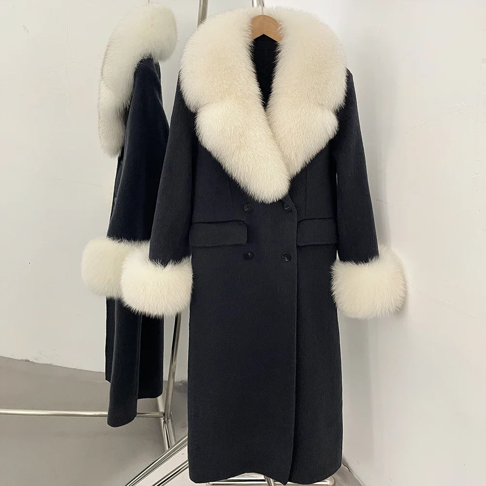 OFTBUY Großer Natürlicher Pelzkragen Doppelreihiger Langer Damen-Wollmantel Winter Warmer Dicker Schlanker Wollmantel mit Echtpelz – Detail 20