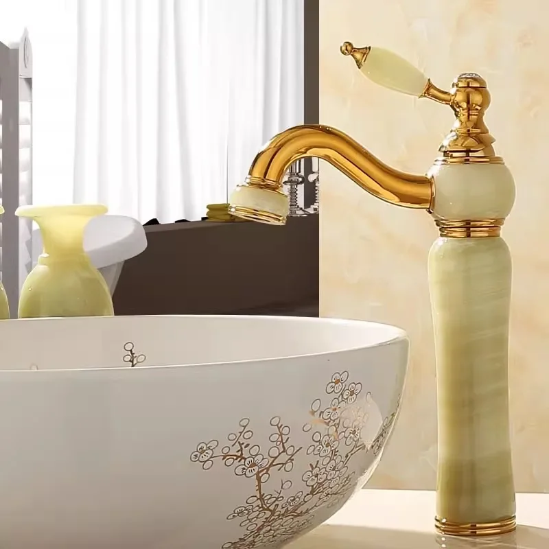 

Tuqiu Bathroom Faucet Brass Gold Jade Bathroom Basin Cold And Hot Water Mixer Sink Tap Deck Mounted Tall Tap