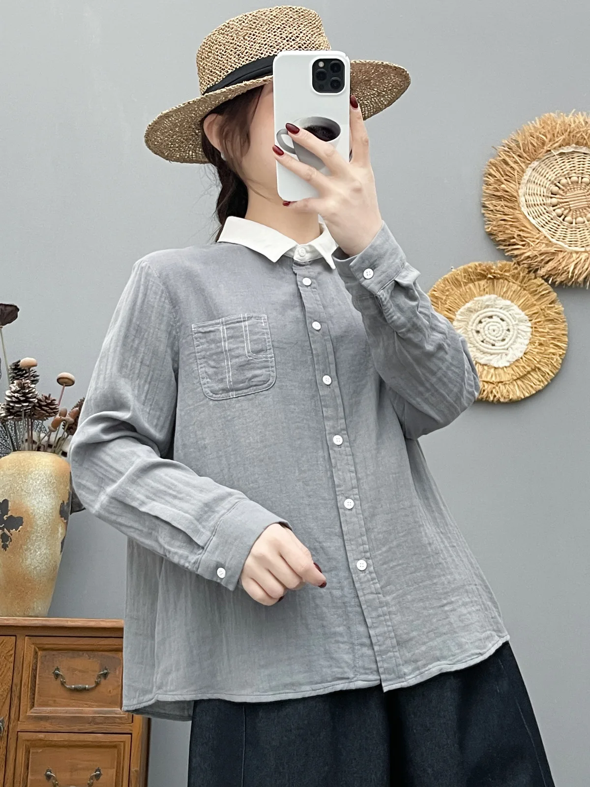 

New 2026 Summer Women Cotton Yarn Long Sleeve Shirt, Lapel Pocket, Mori Girl Design Sense Commute Soft Loose Blouse T66361CC
