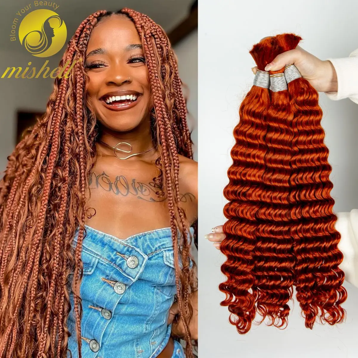 Deep Wave Bulk Cabelo Humano para Trançar, Sem Trama para Tranças Boho, Extensão Do Cabelo Virgem, Gengibre Laranja, 10A, 350