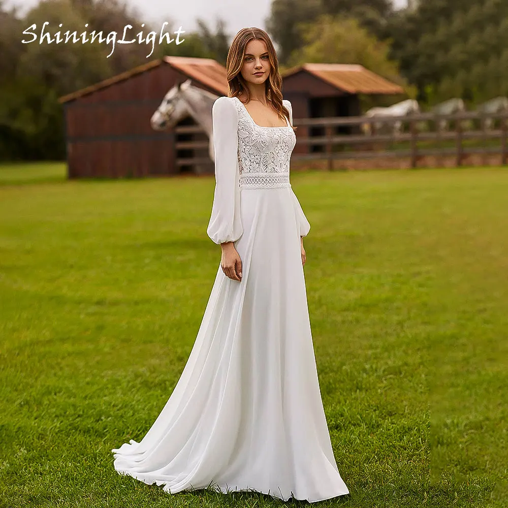 

ShiningLight Boho A Line Wedding Dress Long Sleeve Chiffon Bride Gown 2026 vestido boda civil Square Neck Backless Customized