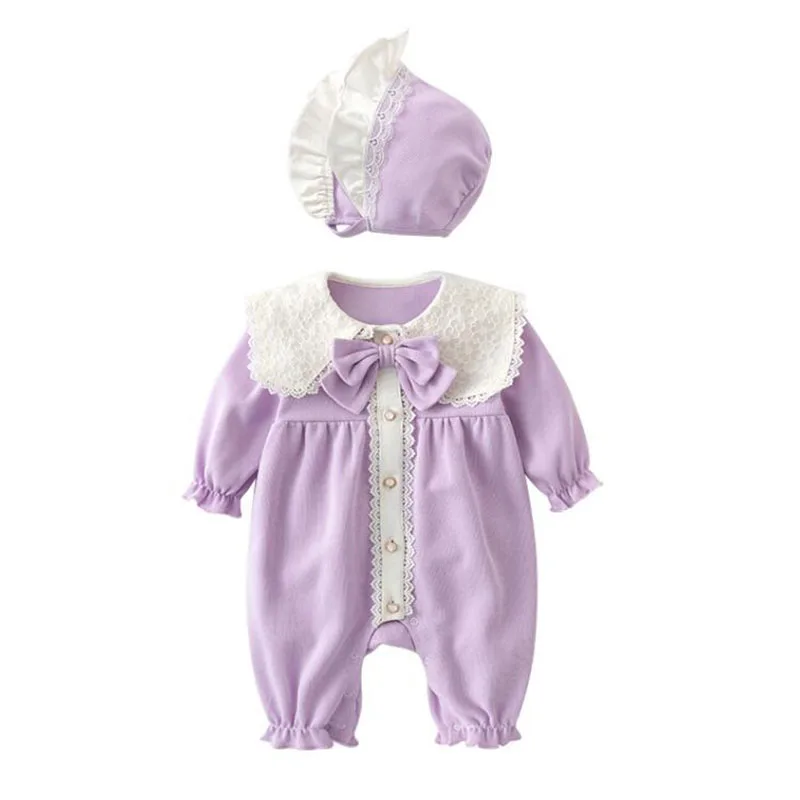 Baby Girl Clothing Autumn Spring Lovely Princess Style Lace Panel Toddler Baby Girl Romper+Hat Infant Baby Girls Jumpsuit