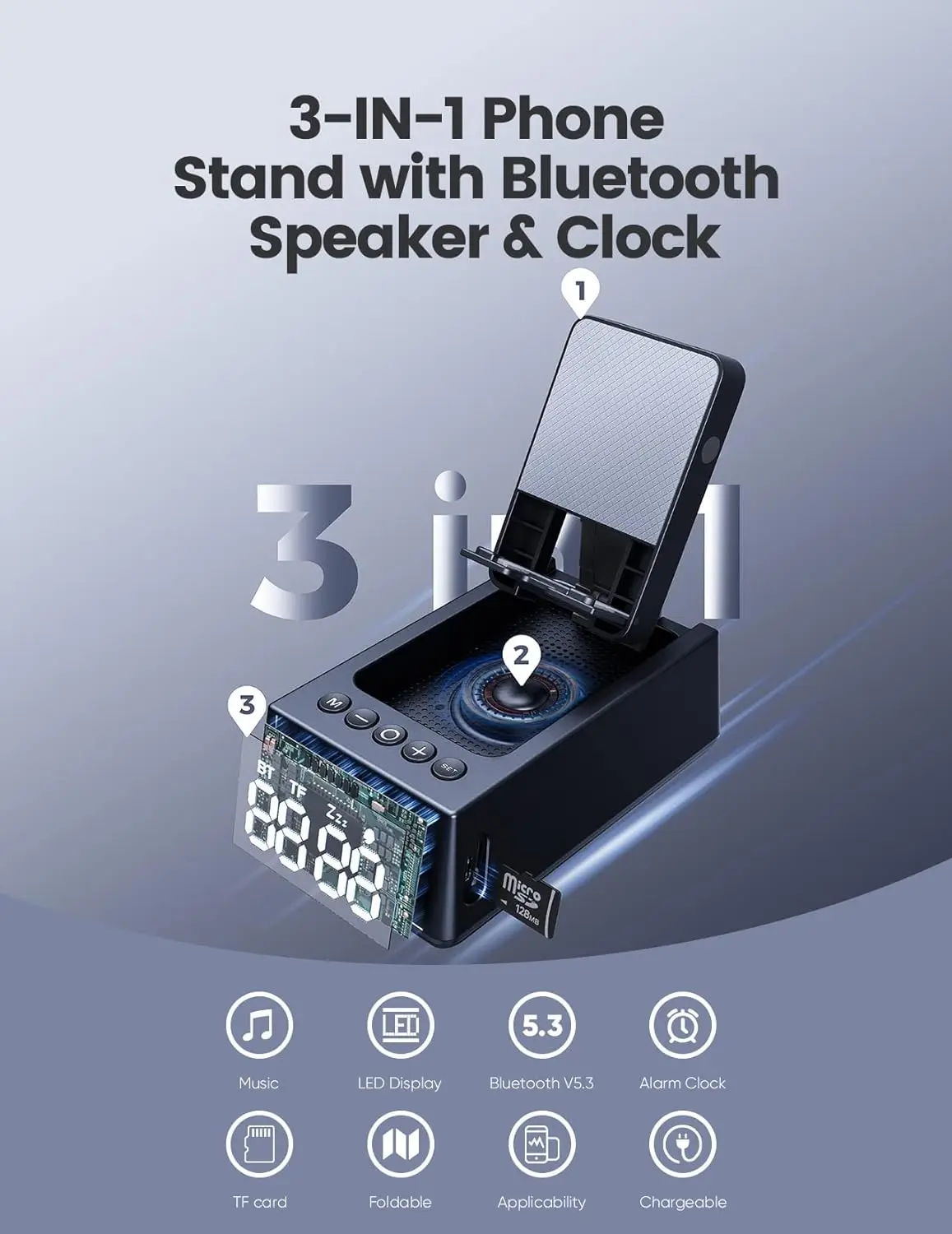 Cell Phone Stand Bluetooth Speakers Foldable Phone Holder with LED Digital Alarm Clock HD Surround Souond Desk Audio Speaker