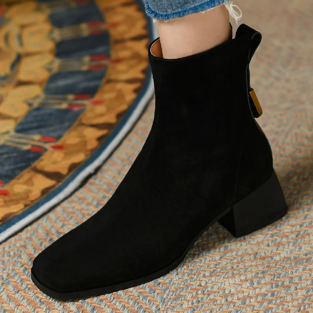 Women\'s natural suede leather autumn ankle boots 4.5cm thick low heel square toe side zip casual female short booties shoes sale