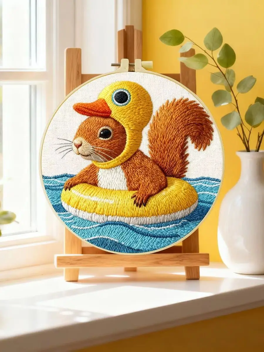 1 Stück 20X20CM/15X15CM 7,87/6,3 Zoll Das schwimmende Eichhörnchen Stickerei-Starter-Kit DIY-Kit DIY-Stickerei-Kit Handarbeiten – Detail 6