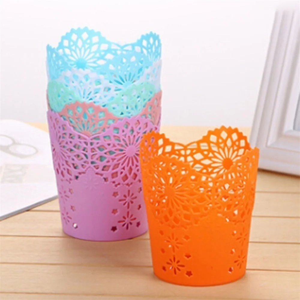 1Psc Color Newest Lace Hollow Out Makeup Brush Pen Storage Holder Desk Organizer Flower Vase Pot