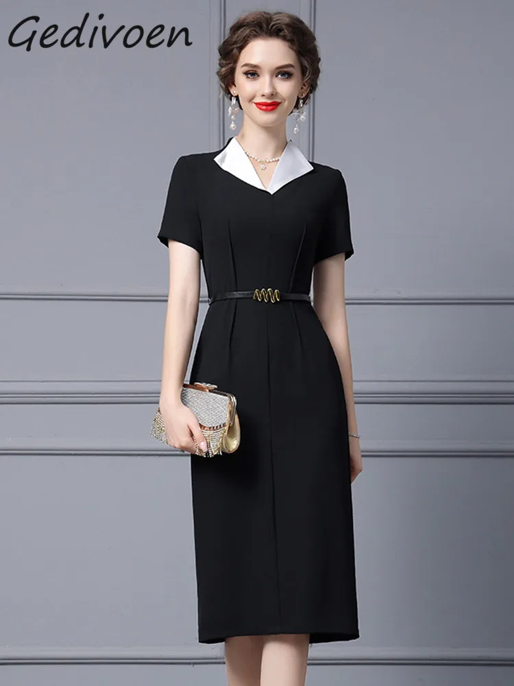 

Gedivoen Summer Fashion Runway Vintage Black Evening Dress Women's V-Neck Belt Gathered Waist Package Buttock Slit Midi Dress