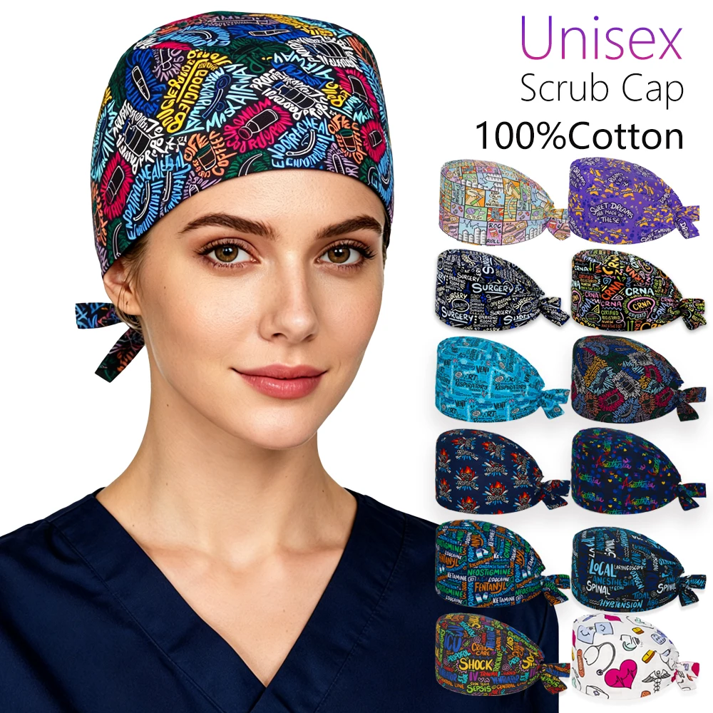 New Anesthesia Printed Scrub Cap Operating Room Adjustable Sweatband Unisex Anesthetist Medical Work Cap for Dentist Vet Doctor